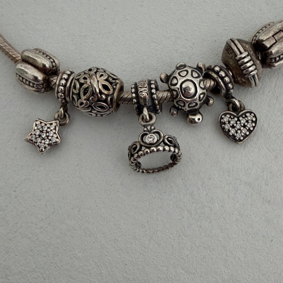 Pandora Silver Snake Charm Bracelet with Heart , Tiara, & Star - Picture 2 of 4